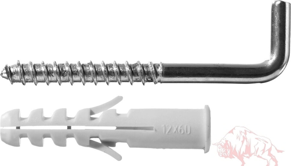 Дюбель распорный полипропиленовый, тип "ЕВРО", в комплекте с шурупом-крюком, 12 х 60 / 8 х 85 мм, 2 шт, ЗУБР