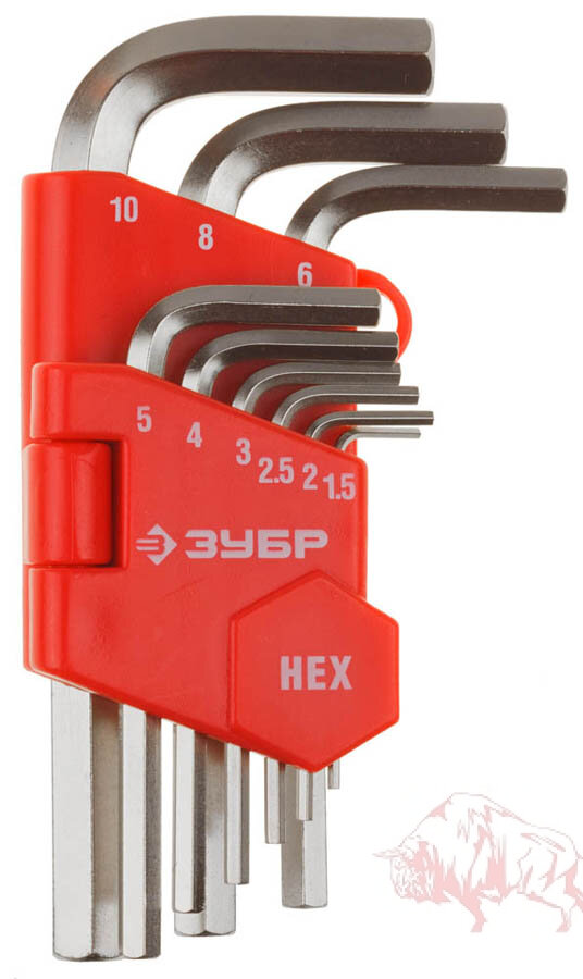 Набор ЗУБР Ключи "МАСТЕР" имбусовые короткие, Cr-V, сатинированное покрытие, пластик. держатель, HEX 1,5-10мм, 9 пред